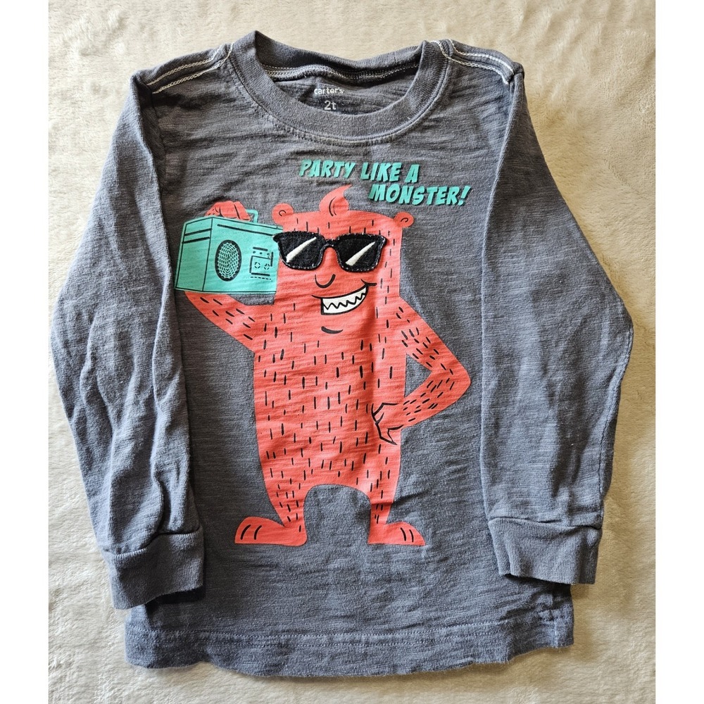 Carter's‎ 2T Toddler Long Sleeve Graphic Tee Gray Party Like a Monster